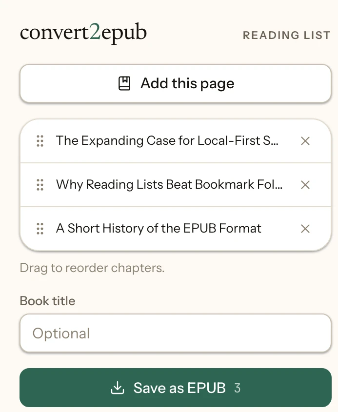 The Convert2EPUB extension popup, showing a reading list of three articles queued to become chapters, with a book title field and a Save as EPUB button